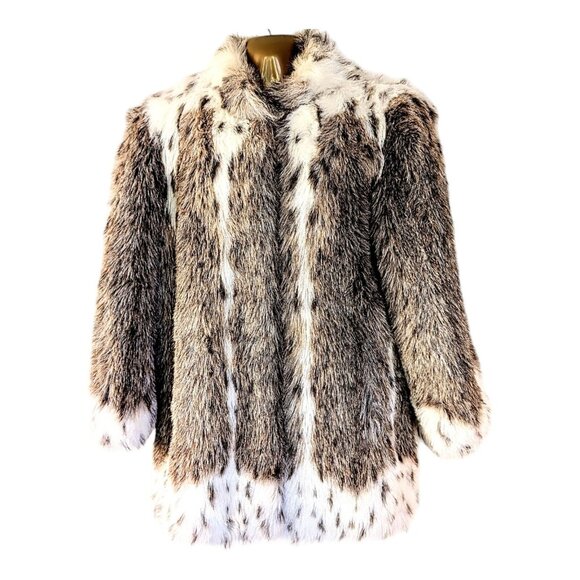 Vintage 80s Faux Fur Coat L Large White Spotted Lynx Animal Print Snow Leopard - Picture 2 of 7